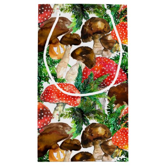 Petit Sac Cadeau Champignons d'aquarelle et motif de fougères verte (Dos)