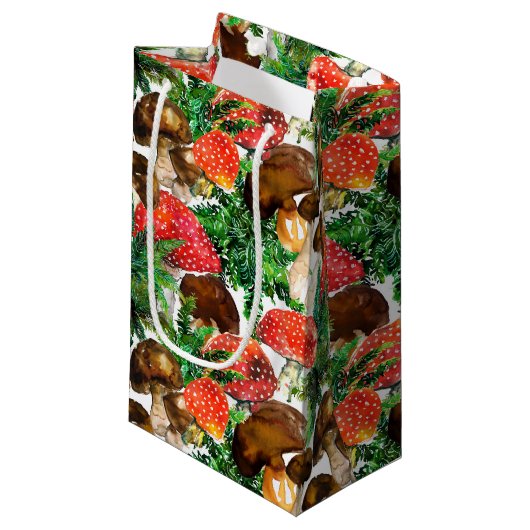 Petit Sac Cadeau Champignons d'aquarelle et motif de fougères verte (Devant Angle)