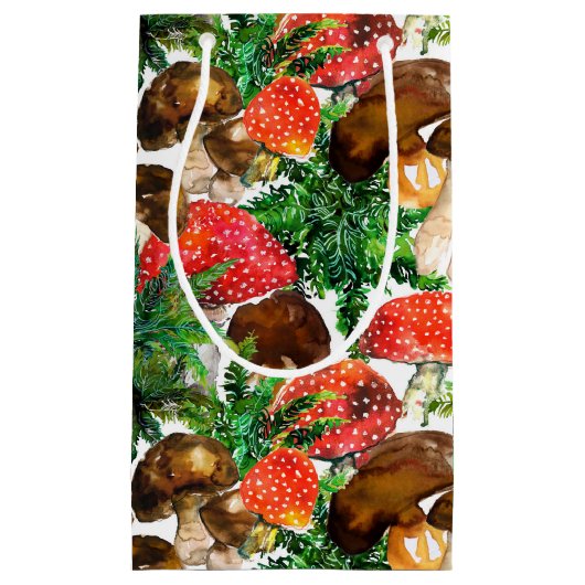 Petit Sac Cadeau Champignons d'aquarelle et motif de fougères verte (Devant)