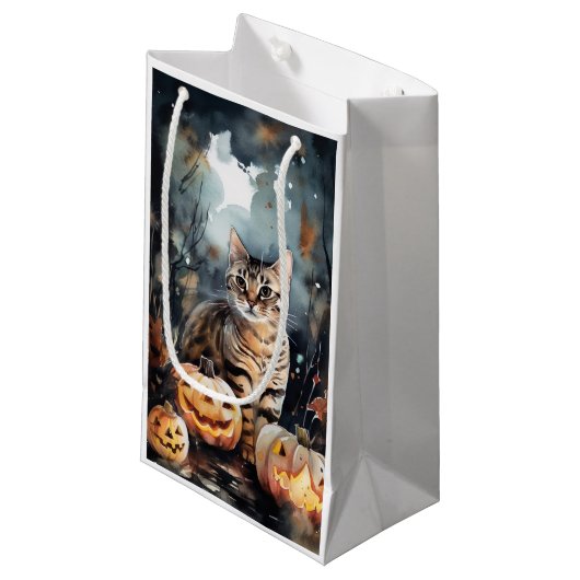 Petit Sac Cadeau Chat Bengale D'Halloween Avec Peur Citrouille (Devant Angle)