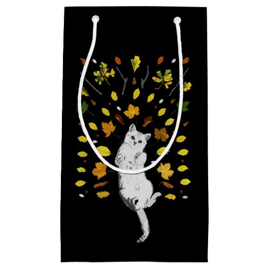 Petit Sac Cadeau Chat blanc avec illustration des feuilles de chute (Devant)