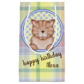 Petit Sac Cadeau chat d'anniversaire sur plaid avec nom personnel (Devant)