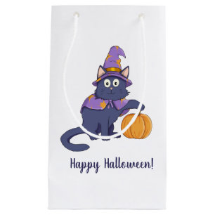 Petit Sac Cadeau Chat d'Halloween avec Citrouille
