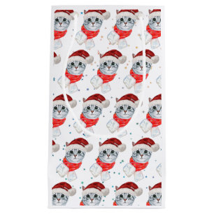 Petit Sac Cadeau Chat tigré de Noël avec écharpe rouge pour amateur