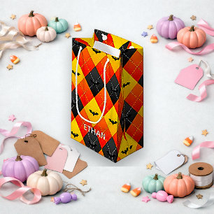 Petit Sac Cadeau Chauve-souris Argyle Orange et Noire Halloween