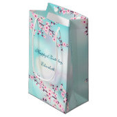 Petit Sac Cadeau Cherry Blossom rose Turquoise Personnalisé Anniver (Devant Angle)