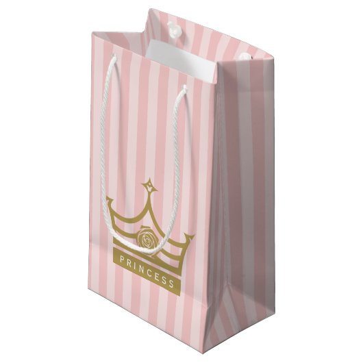 Petit Sac Cadeau Chic Pink Stripes et Gold Rose PrincCrown (Devant Angle)