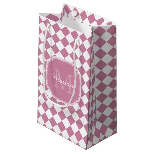 Petit Sac Cadeau Chic rose et blanc coché Nom monogrammé (Devant Angle)