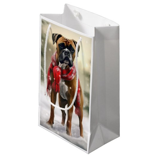 Petit Sac Cadeau Chien de boxe en Noël de neige (Devant Angle)