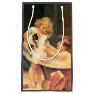 Petit Sac Cadeau Chiot Prenant Un Bain Vintage Antique