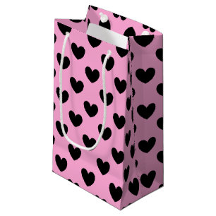 Petit Sac Cadeau Coeurs de polka noir sur coton bonbon rose