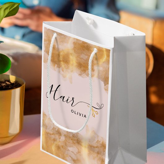 Petit Sac Cadeau Coiffeur Élégant Ciseaux Dorés Coiffeuse Rose