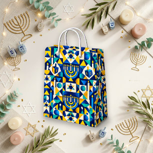 Petit Sac Cadeau Conception de motif de Hanukkah géométrique bleu j