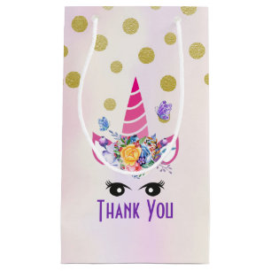 Petit Sac Cadeau Confetti rose unicorne tendance et Merci de fleurs