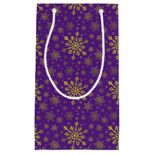 Petit Sac Cadeau Coucou jaune or Noël Snowflakes sur violet