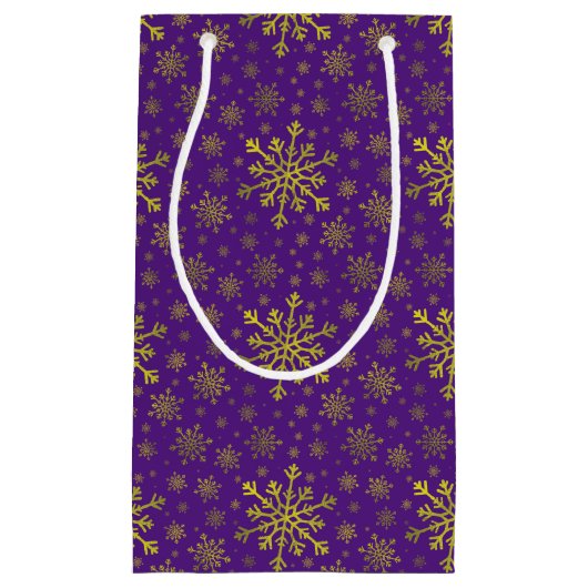 Petit Sac Cadeau Coucou jaune or Noël Snowflakes sur violet (Devant)