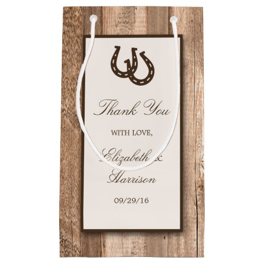 Petit Sac Cadeau Country Rustic Horseshoe & Brown Wood Mariage (Devant)