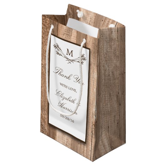 Petit Sac Cadeau Country Rustic Monogram Branche & Mariage bois (Devant Angle)