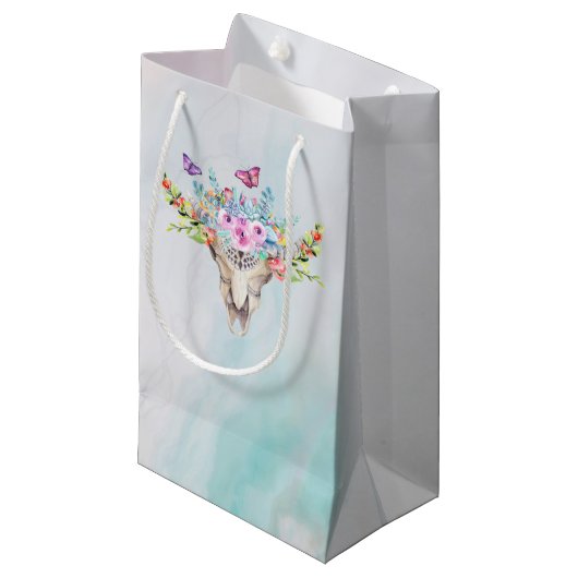 Petit Sac Cadeau Crâne animal Boho avec papillons et fleurs (Devant Angle)