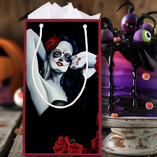 Petit Sac Cadeau Crâne sucre Roses rouges Noir