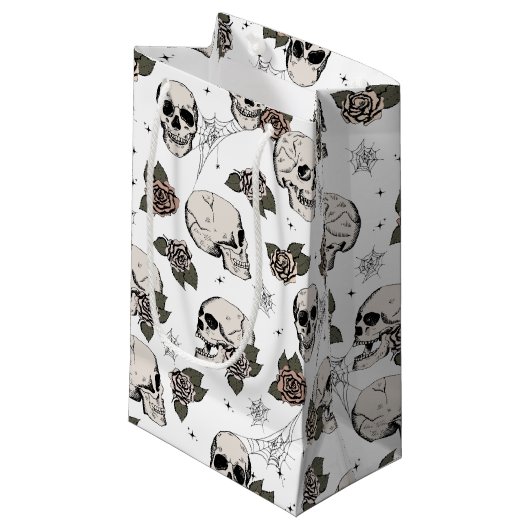 Petit Sac Cadeau Crânes gothiques noirs et blancs et Halloween Rose (Devant Angle)