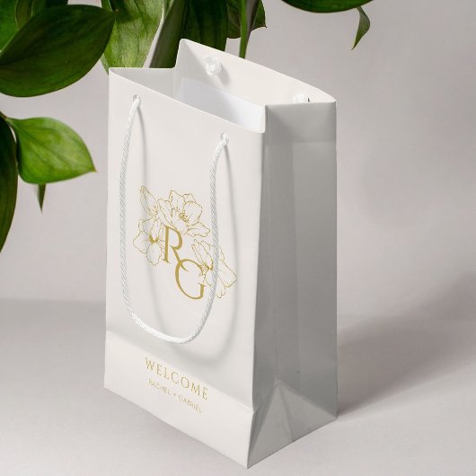 Petit Sac Cadeau Crème | Chic Faux Gold Monogram Mariage de bienven