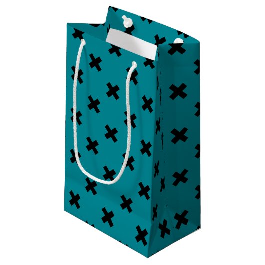 Petit Sac Cadeau Croix noire sur turquoise (Devant Angle)
