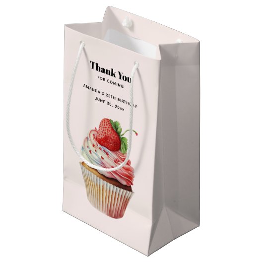 Petit Sac Cadeau Cupcake à la fraise Merci Dessert Sucré (Devant Angle)