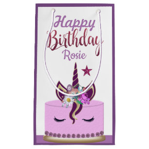 Petit Sac Cadeau Cute Violet Unicorn Corne Anniversaire Gâteau