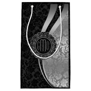 Petit Sac Cadeau Damas Monogrammes Noir & Argent Stripes Dynamiques