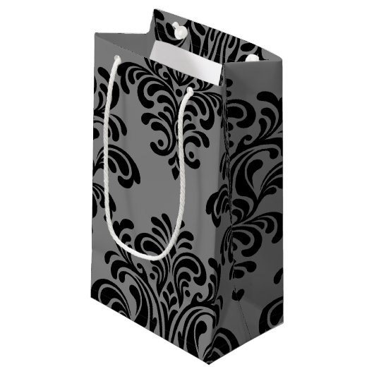 Petit Sac Cadeau Damas noir sur Motif gris (Devant Angle)