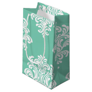 Petit Sac Cadeau Damask blanc sur Aqua Motif
