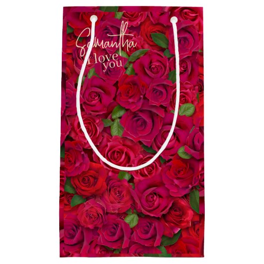 Petit Sac Cadeau Deep Red Rose Pattern I Love You With Custom Name (Devant)