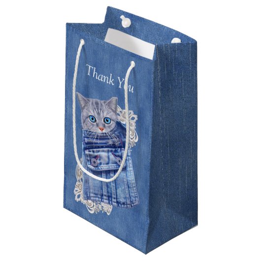 Petit Sac Cadeau Denim Jean poches, chatons et dentelle (Devant Angle)