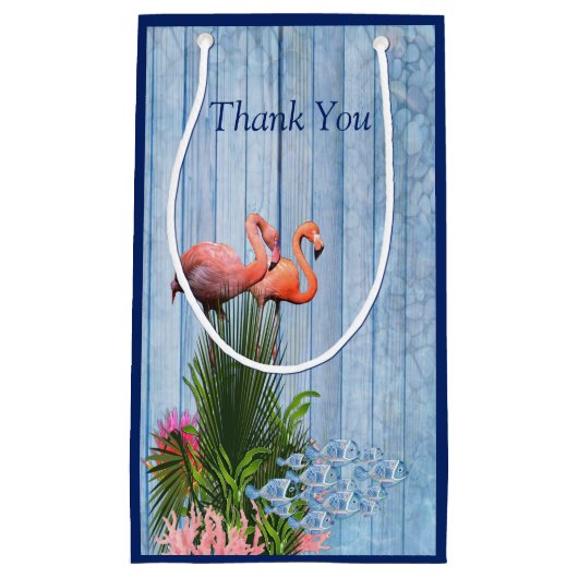 Petit Sac Cadeau Eau bleue Galets, Flamants roses roses & Poissons (Devant)