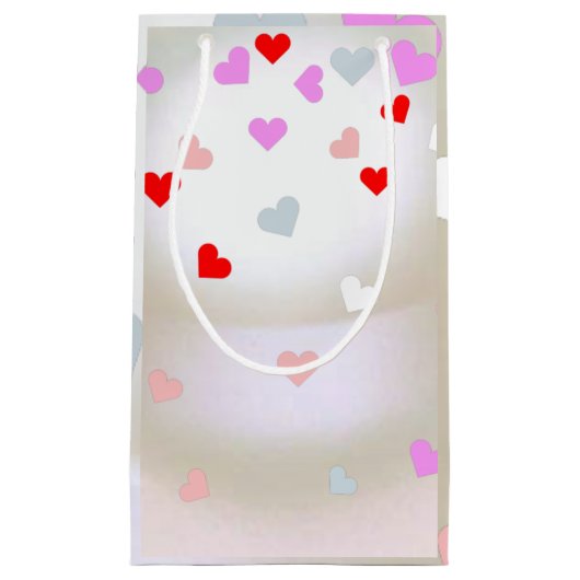 Petit Sac Cadeau Effet Perle Blanche avec cœurs (Devant)