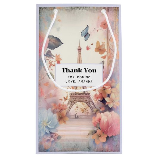 Petit Sac Cadeau Eiffel Tower Butterflies and Flowers Thank You (Dos)