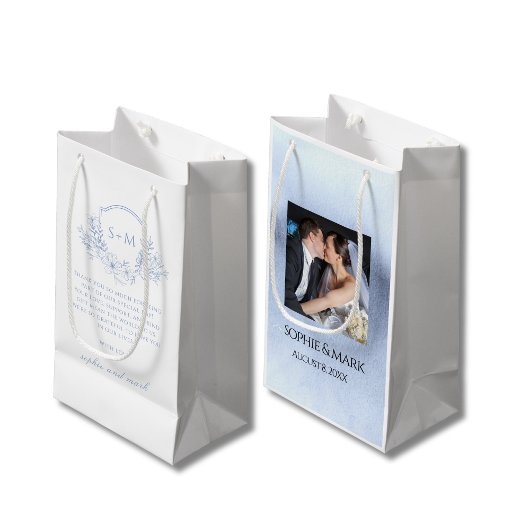 Petit Sac Cadeau Elegant Dusty Blue Floral Monogram Crest Wedding