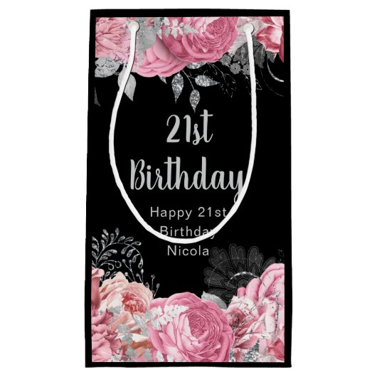 Petit Sac Cadeau Elegant Pink and Silver Flowers Birthday (Devant)
