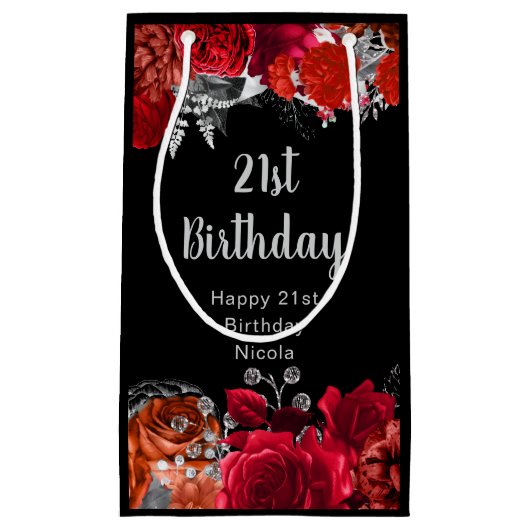 Petit Sac Cadeau Elegant Red and Silver Flowers Birthday (Devant)