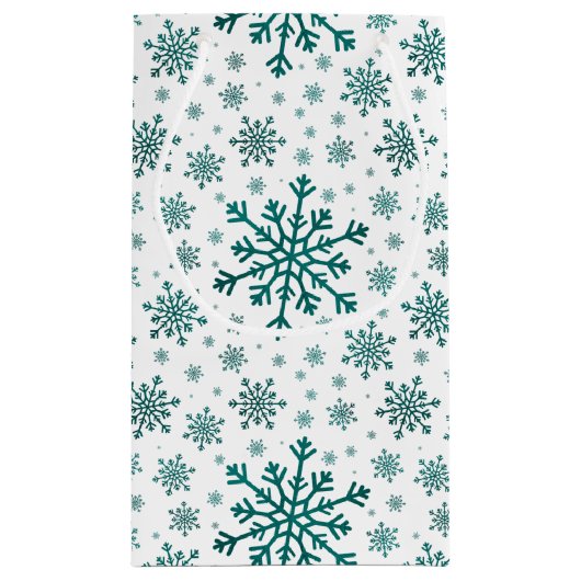 Petit Sac Cadeau Émeraude Vert Noël Snowflakes sur Blanc d'hiver (Dos)