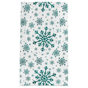 Petit Sac Cadeau Émeraude Vert Noël Snowflakes sur Blanc d'hiver
