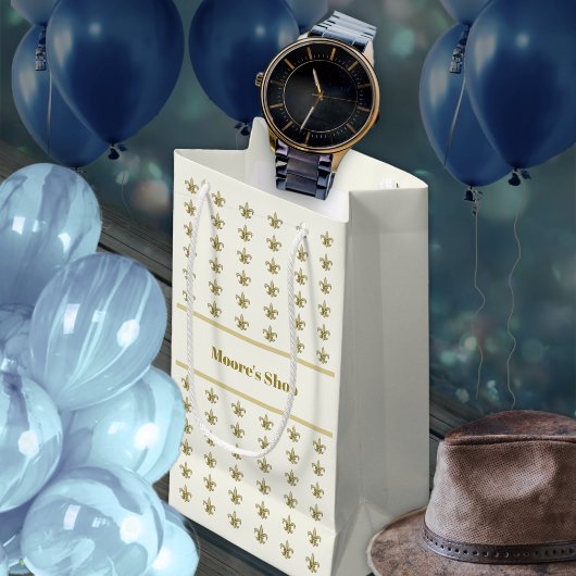 Petit Sac Cadeau Faux or fleur de lis sur ivoire