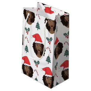 Petit Sac Cadeau Femme noire, chapeau de Père Noël rouge, Motif d