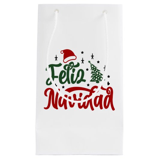Petit Sac Cadeau Festive Rouge et Vert Feliz Navidad (Devant)