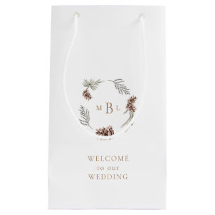 Petit Sac Cadeau Feuillage et or Monogramme Blanc Mariage d'hiver