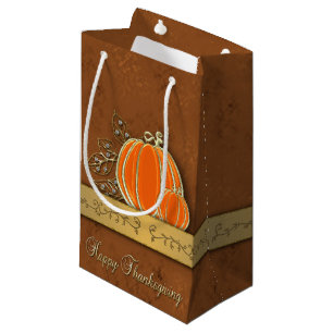Petit Sac Cadeau Feuilles de citrouille de Thanksgiving en or préci