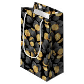 Petit Sac Cadeau Feuilles noirs et or. Motif (Devant Angle)