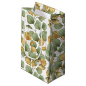 Petit Sac Cadeau Feuilles verts et or.  Motif (Devant Angle)