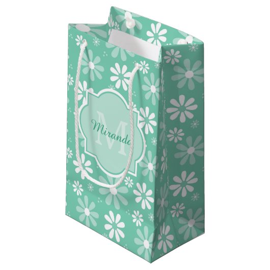Petit Sac Cadeau Fille Monogramme Monnaie Blanc Fleurs de marguerit (Devant Angle)